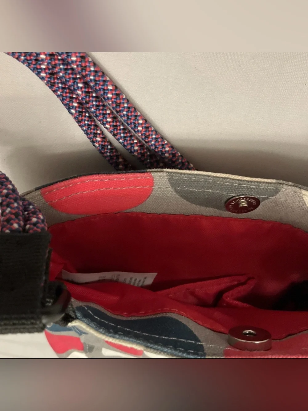 Kavu Gray Messenger Bag with Red, Navy & White Polka Dots